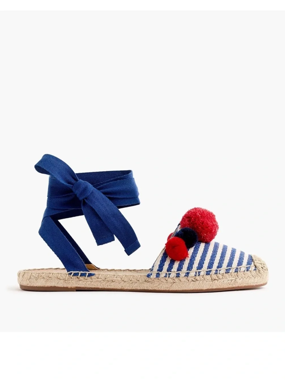 J. CREW Blue White Striped Canvas w/ Pink Pom Pom Ankle Wrap Espadrilles Flats